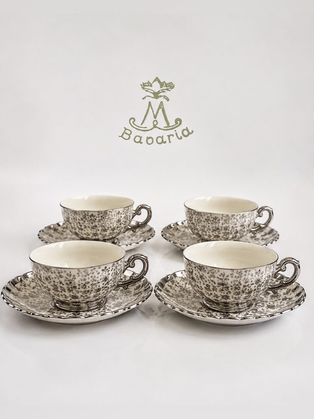 Schirnding Bavaria Platinum Flowers Silver Overlay Demitasse Cup & Saucer Set of